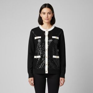 BCBG Black & Cream Sequin Knit Cardigan Holiday Fairy Grunge Whimsical Sz M